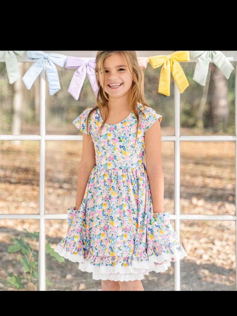 cheeky plum Girls Floral Ruffle Dress in White, Pink, Yellow, Blue